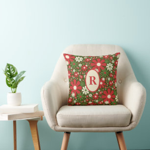 Retro Christmas Floral Fantasy Pattern w/ Initial Cushion