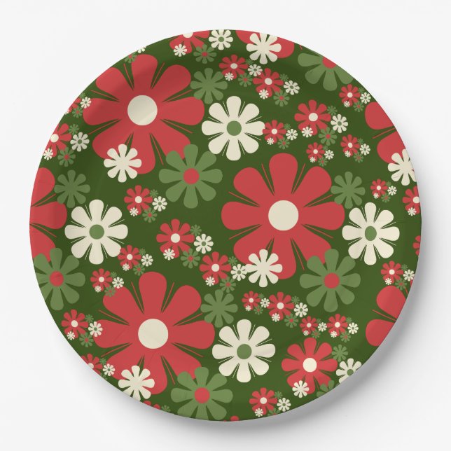 Retro Christmas Flowers 60s 70s Floral Pattern Paper Plate (Front)