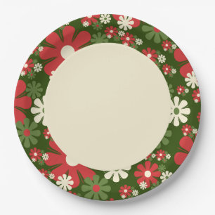 Retro Christmas Flowers 60s 70s Floral Pattern Paper Plate