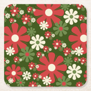 Retro Christmas Flowers 60s 70s Floral Pattern Square Paper Coaster