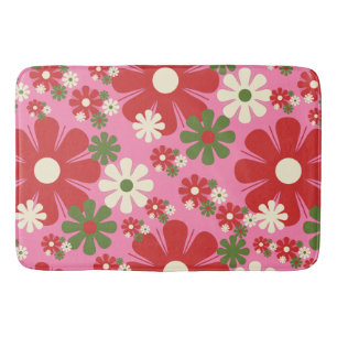 Retro Christmas Flowers 60s 70s Pink Floral Bath Mat