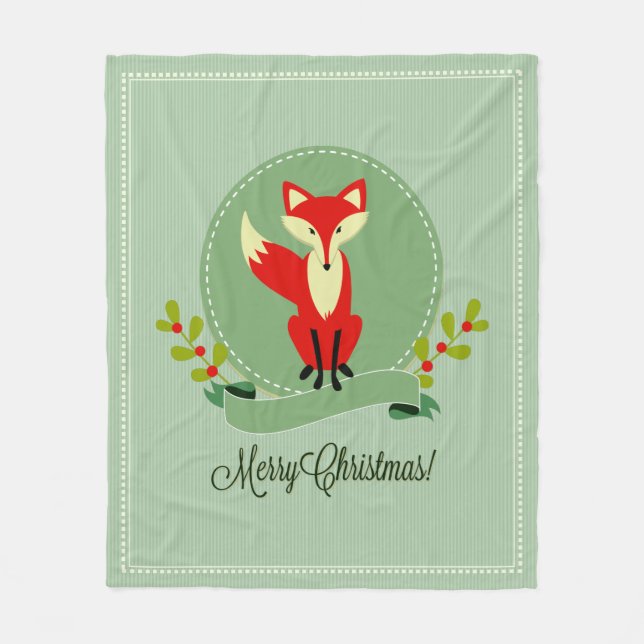 Retro Christmas Fox Pastel Green & Beige 2 Fleece Blanket (Front)