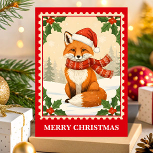 Retro Christmas Fox Postage Stamp Holiday Card