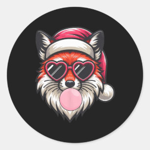 Retro Christmas Fox Santa Hat Blowing Bubble With Classic Round Sticker