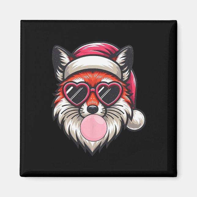 Retro Christmas Fox Santa Hat Blowing Bubble With  Magnet (Front)
