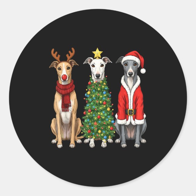 Retro Christmas Ghound Santa Reindeer Dog Lover  Classic Round Sticker (Front)