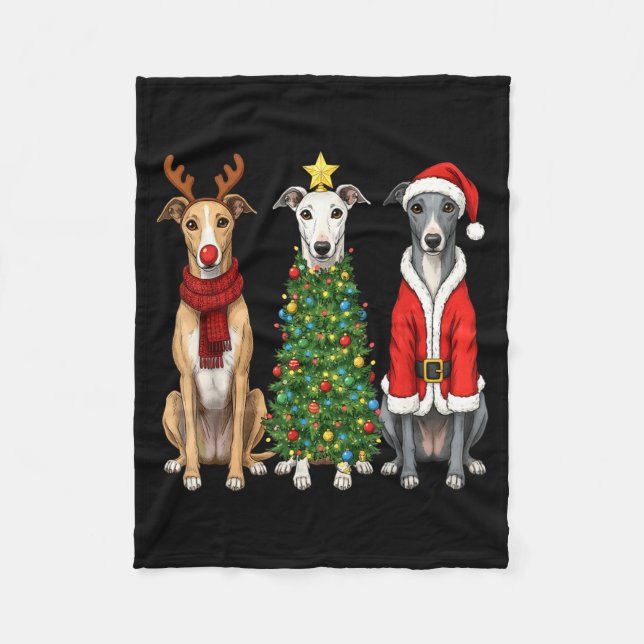 Retro Christmas Ghound Santa Reindeer Dog Lover  Fleece Blanket (Front)