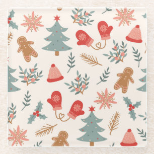 Retro Christmas Gingerbread Pattern. Glass Coaster
