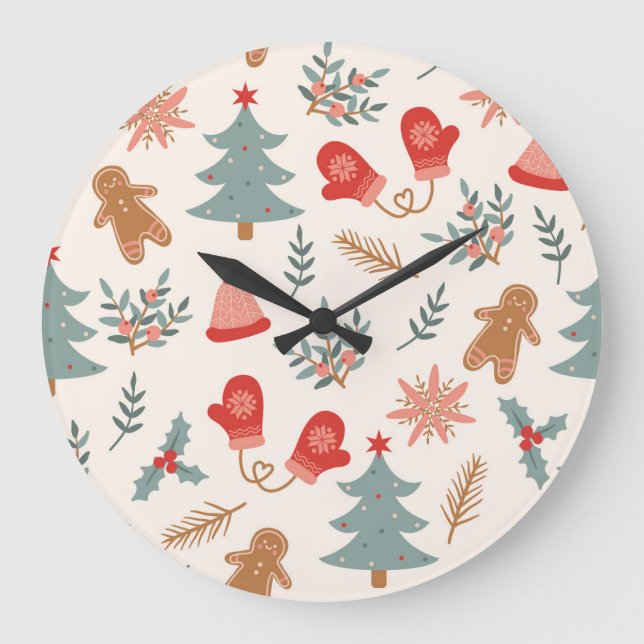 Retro Christmas Gingerbread Pattern. Large Clock (Front)