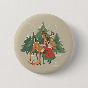 Retro Christmas Girl and Reindeer Vintage Tree  6 Cm Round Badge