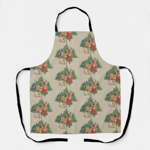 Retro Christmas Girl and Reindeer Vintage Tree Apron