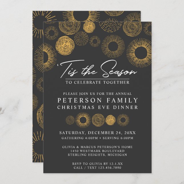 Retro Christmas Gold Burst Holiday Dinner / Party Invitation (Front/Back)