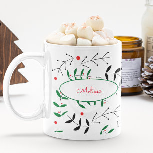 Retro Christmas Greenery Cute Personalised Holiday Coffee Mug