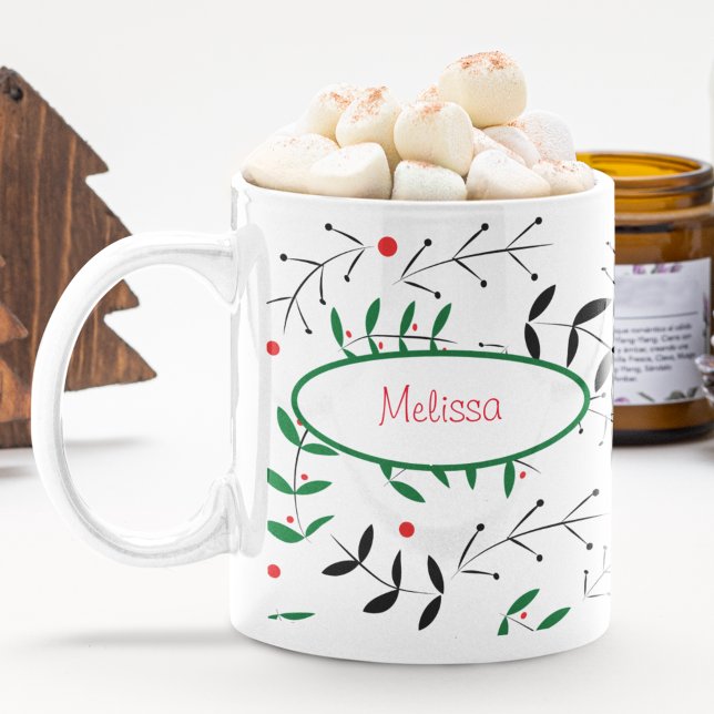 Retro Christmas Greenery Cute Personalized Winter  Coffee Mug (Creator Uploaded)