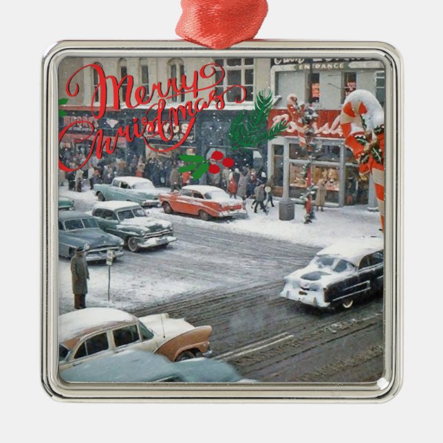 Retro Christmas Holiday Magnet Metal Ornament (Front)