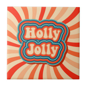 Retro Christmas Holidays Holly Jolly Typography Ceramic Tile
