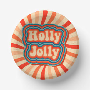 Retro Christmas Holidays Holly Jolly Typography Paper Plate