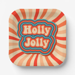 Retro Christmas Holidays Holly Jolly Typography Paper Plate