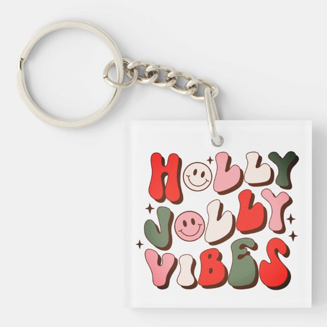Retro Christmas Holly Jolly Vibes Trendy Holidays Key Ring (Front)