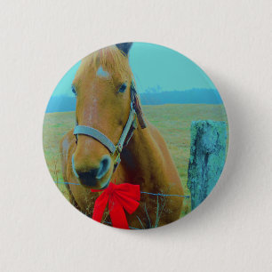 retro Christmas Horse 6 Cm Round Badge