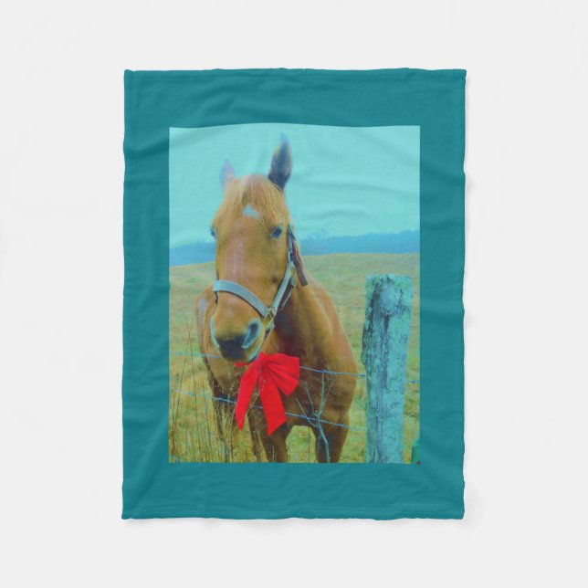 Retro Christmas Horse with  Red bow  Fleece Blanket (Front)