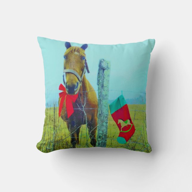 Retro Christmas Horse with Stocking and Red bow Cushion (Front)