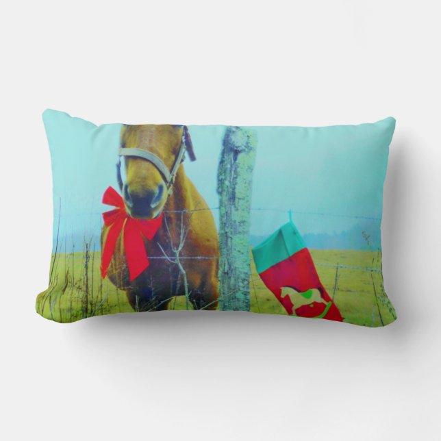 Retro Christmas Horse with Stocking and Red bow Lumbar Cushion (Front)