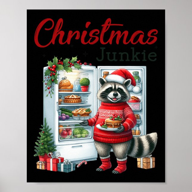 Retro Christmas Junkie Funny Xmas Feral Racoon Wo Poster (Front)