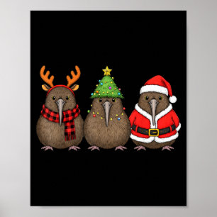 Retro Christmas Kiwi Bird Santa Reindeer Poster