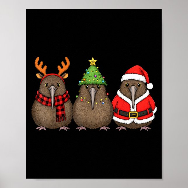 Retro Christmas Kiwi Bird Santa Reindeer  Poster (Front)