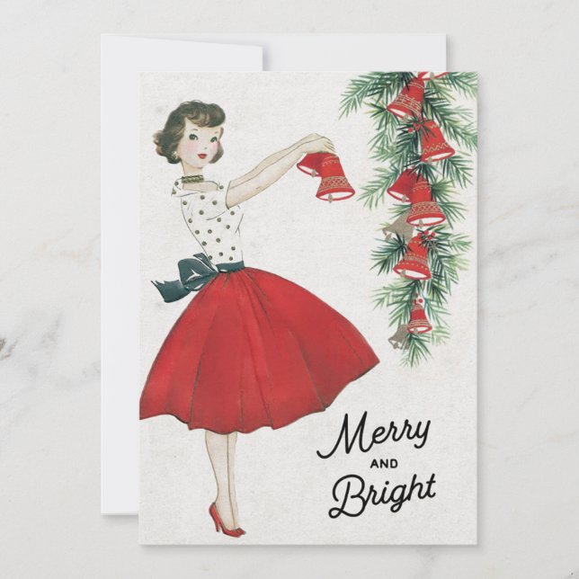 Retro Christmas Lady Hanging Bells Holiday Card (Front)