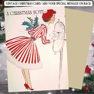 Retro Christmas Lady in Red with Holiday Card