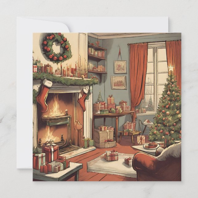 Retro Christmas Living Room with Christmas Tree Holiday Card (Front)