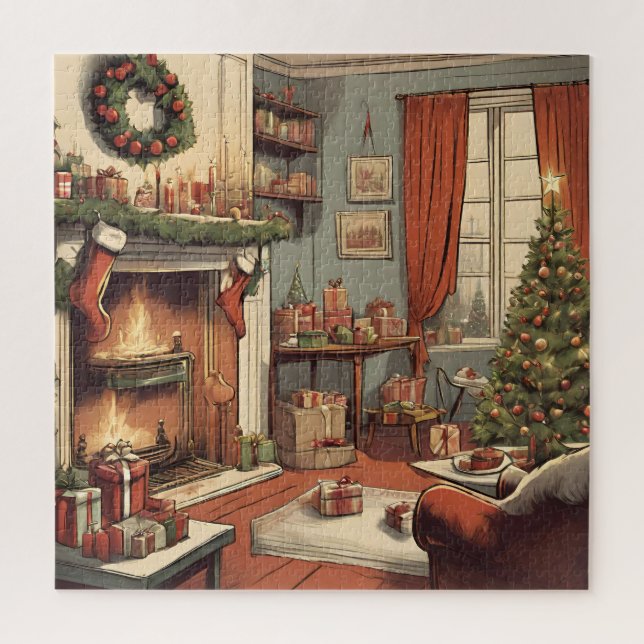 Retro Christmas Living Room with Christmas Tree Jigsaw Puzzle (Vertical)