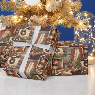 Retro Christmas Living Room with Christmas Tree Wrapping Paper