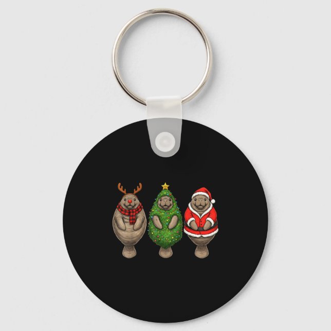 Retro Christmas Manatee Santa Reindeer  Key Ring (Front)