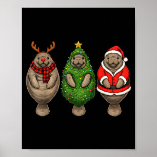 Retro Christmas Manatee Santa Reindeer Poster