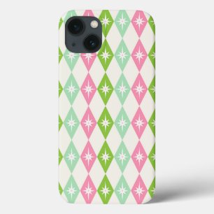Retro Christmas Mid Century Diamonds Pink & Green iPhone 13 Case