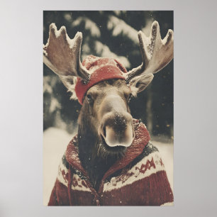 Retro Christmas Moose Art Print, Holiday Wall Poster
