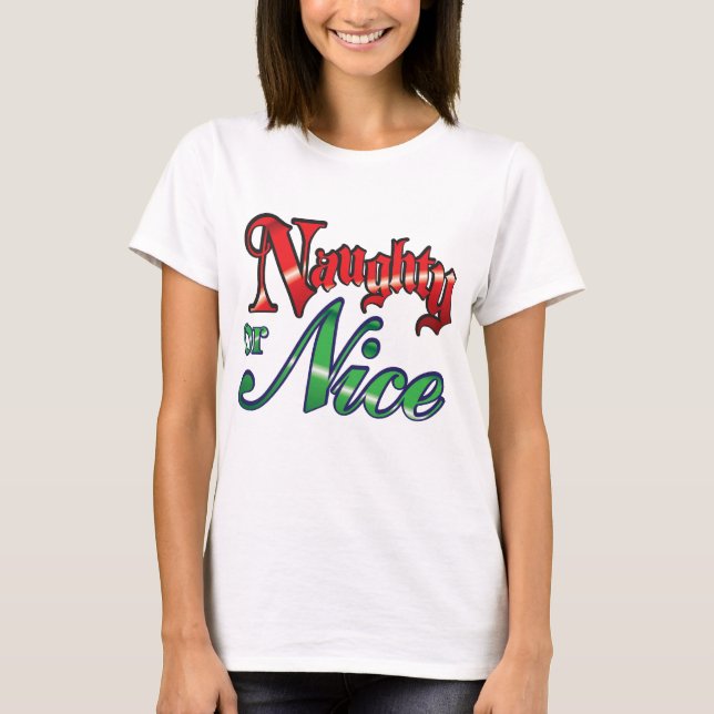 Retro Christmas, Naughty or Nice Red Green Letters T-Shirt (Front)