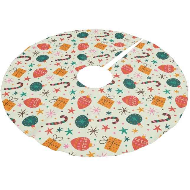 Retro Christmas Ornament and Gift Pattern Brushed Polyester Tree Skirt (Angled)