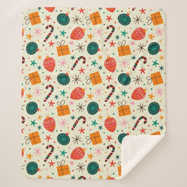Retro Christmas Ornament and Gift Pattern Sherpa Blanket (Front)