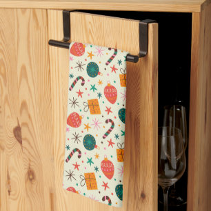 Retro Christmas Ornament and Gift Pattern Tea Towel