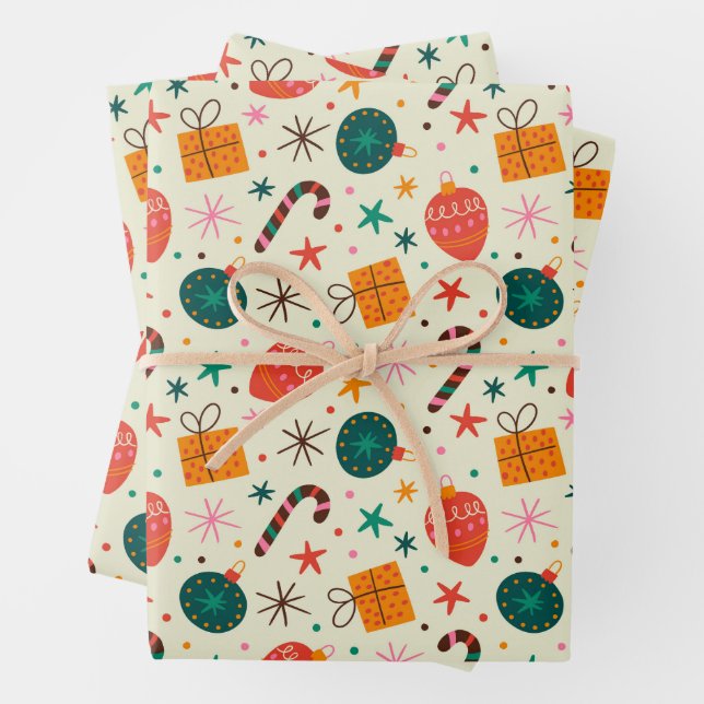 Retro Christmas Ornament and Gift Pattern Wrapping Paper Sheet (In situ)