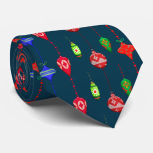 Retro Christmas Ornament Pattern on Navy Blue Mens Tie