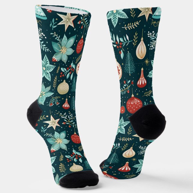 Retro Christmas Ornaments and Flowers Pattern Socks (Angled)