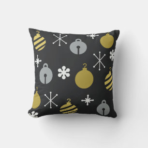 Retro Christmas Ornaments Black Gold Cushion