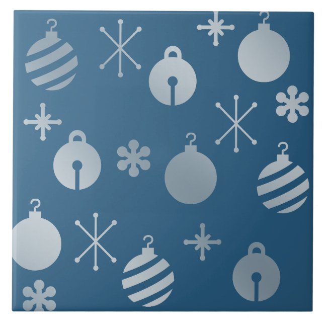 Retro Christmas Ornaments Blue Silver Ceramic Tile (Front)