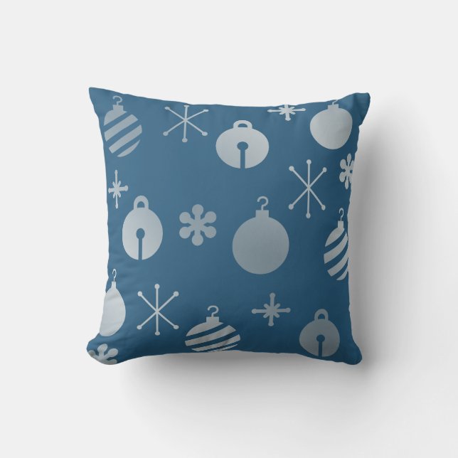 Retro Christmas Ornaments Blue Silver Cushion (Front)