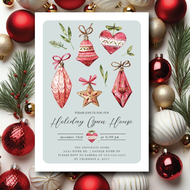 Retro Christmas Ornaments Holiday Open House  Invitation (Creator Uploaded)